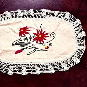 Vintage Red Floral Doily - Oval